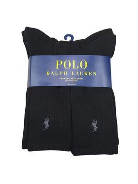 Polo Ralph Lauren Classic Sport Crew Socks 6 Pairs Black Half Cushioned Sz 10-13